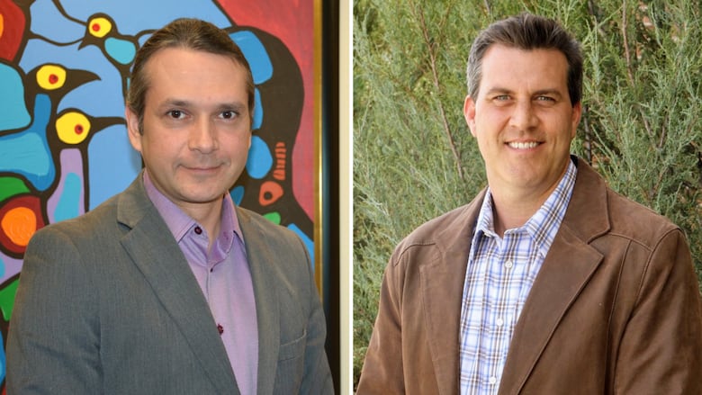 A composite image of a portrait of an Indigenous man long dark hair beside a photo of a man with short dark hair.