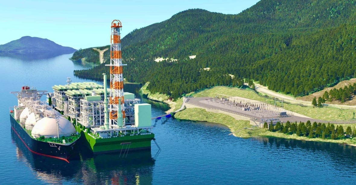 A large tanker is docked next to a floating pier on a bright blue body of water with deep green trees along a hilly ocean coast.