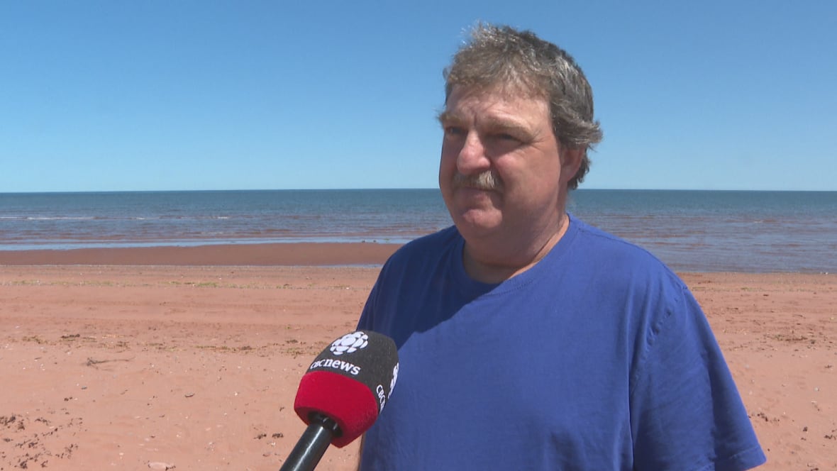 A man in a blue T-shirt stands on a beach, talking into a CBC News microphone.