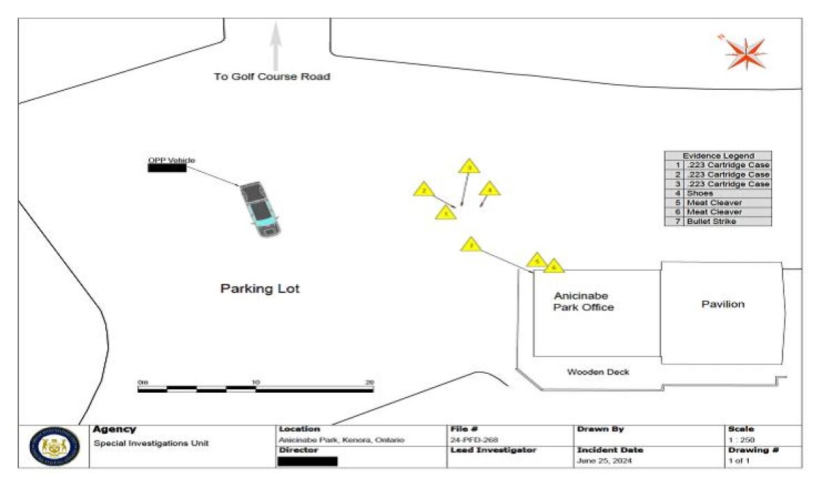 A diagram included in the SIU report shows where the OPP vehicle was in relation the park office and evidence collected. 