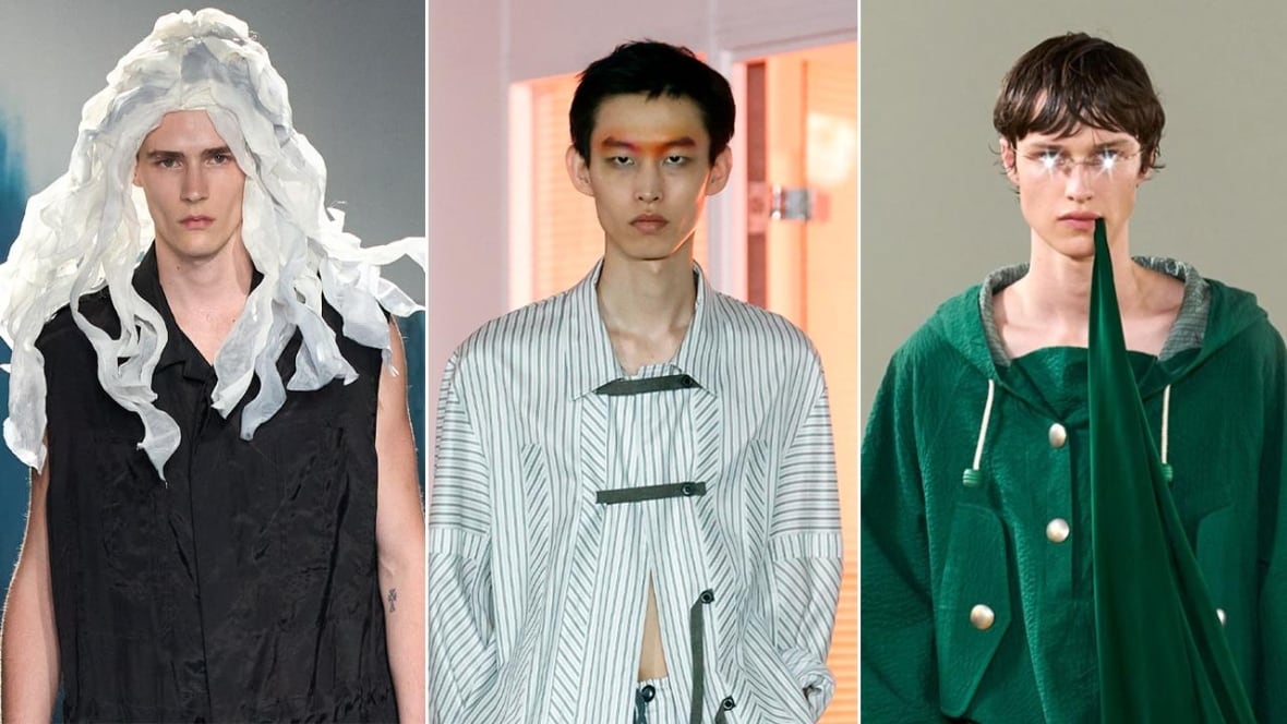 3 models on the runway. Left: a man with a long white wig. Centre: a man with orange eyeshadow on his eyebrows. Right: a man with light-up glasses.