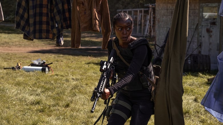 A woman with braided hair, dressed in black, holds a hun while sneaking through a clothesline hung with clothes on a farm property. 