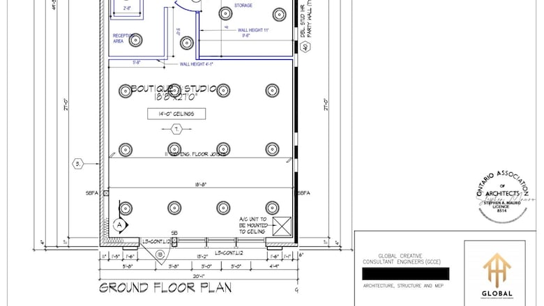 This blueprint for a 'boutique studio,' obtained by an X user called Cookier Connoisseur, contains a forgery of an architectural stamp belonging to Stephen Mauro, who is based in the Greater Toronto Area