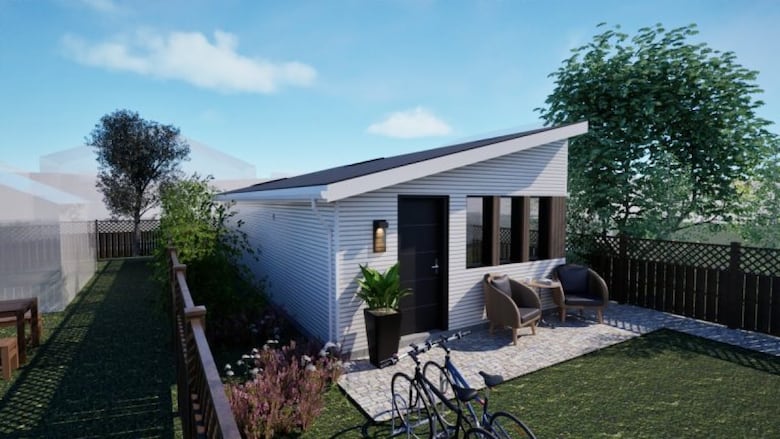 A mockup showing a garden suite design in a backyard.