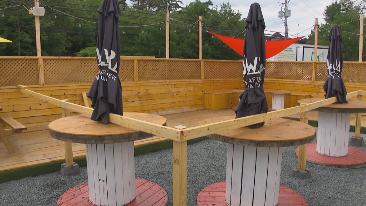 Pieces of wood are set up to block off a corner of the beer garden. 