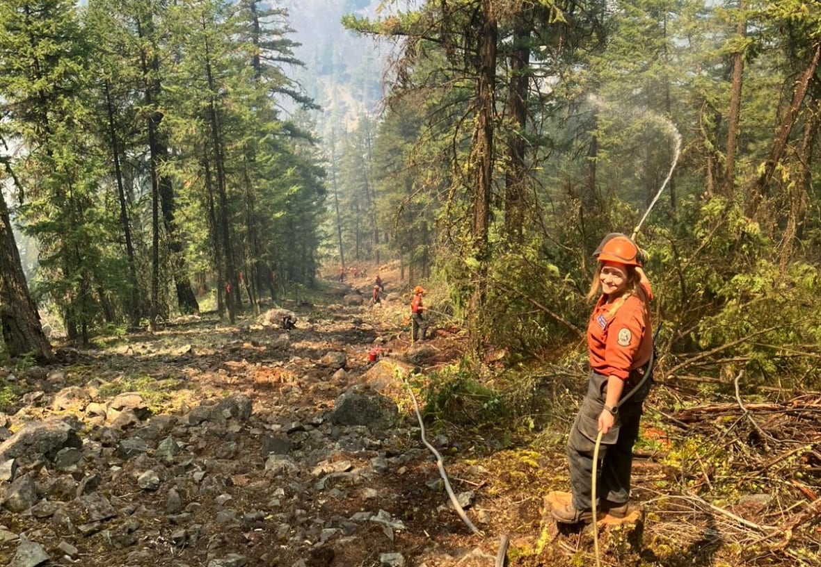 A firefighter sprays water on a tree with smoke in the air along a forested slope.