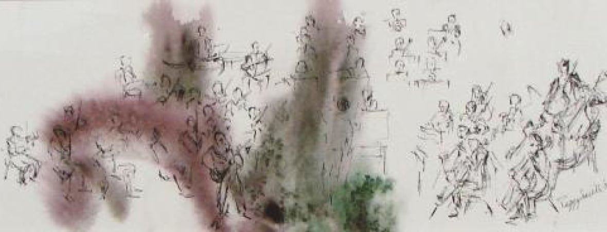 Black and white painting of a symphony with a cloud of light dark color coming through the center of the group.