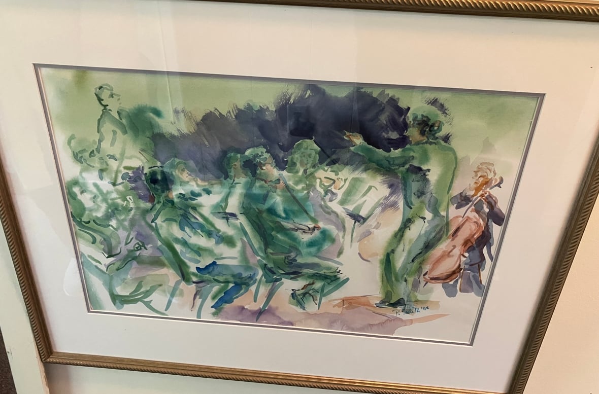A painting with primarily green human figures performing music with a purple cloud between them signifying the sound of music.