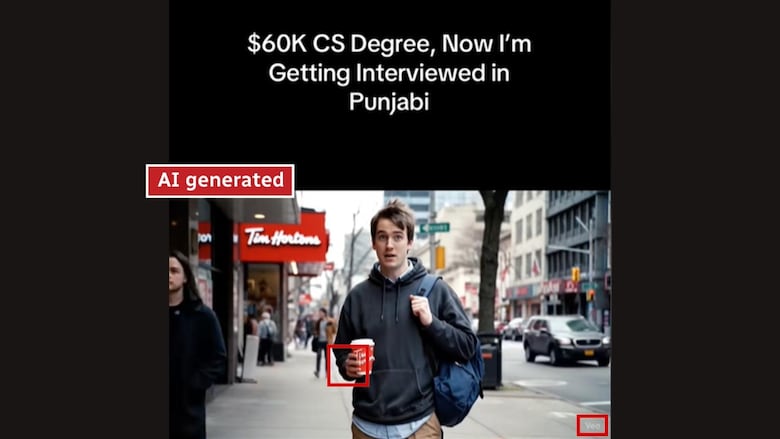 An AI-generated video shows a man holding a coffee cup on a busy urban street.