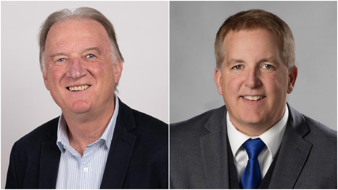 A composite portrait image of two smiling men: at left an older man in a dark blazer with blue and white striped shirt, at right a man in a dark suit and royal blue tie.