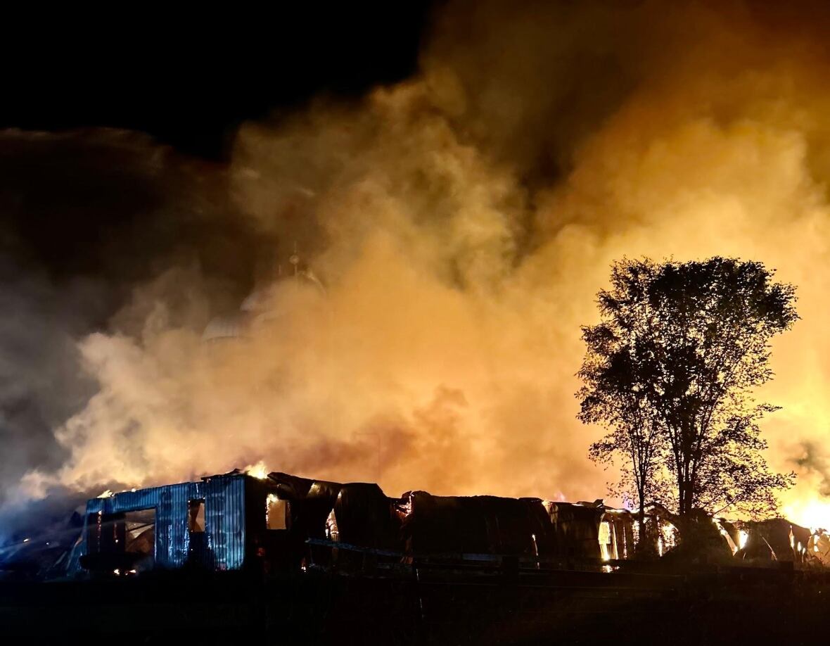 Barn engulfed in flames.