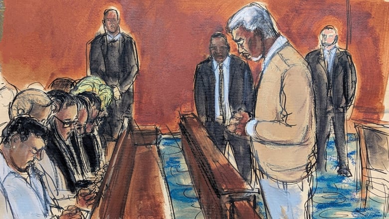 A sketch shows a man praying toward a group of seated people. 