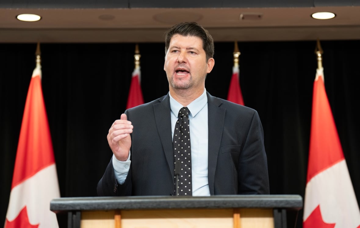 A man in a suit speaks at a podium. Canadian flags are drapped in the background.