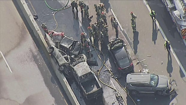 1 dead, 5 taken to hospital after fiery crash on Gardiner Expressway | CBC News