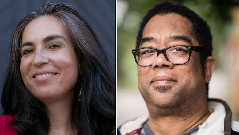A composite image of two author headshots. A woman with long black and grey hair smiles. A man with brown hair and glasses. 