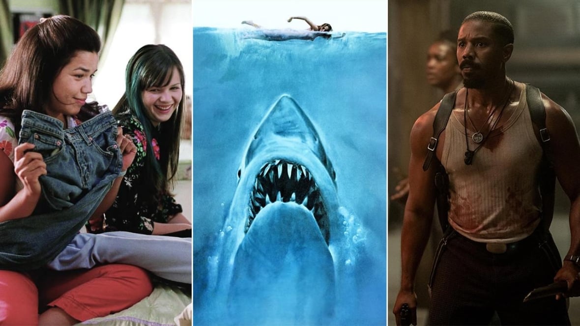 Left: 2 women sitting on a bed with a pair of jeans. Centre: an illustration of a large shark and a woman swimming above it. Right: a man hunting vampires, covered in blood and holding weapons.