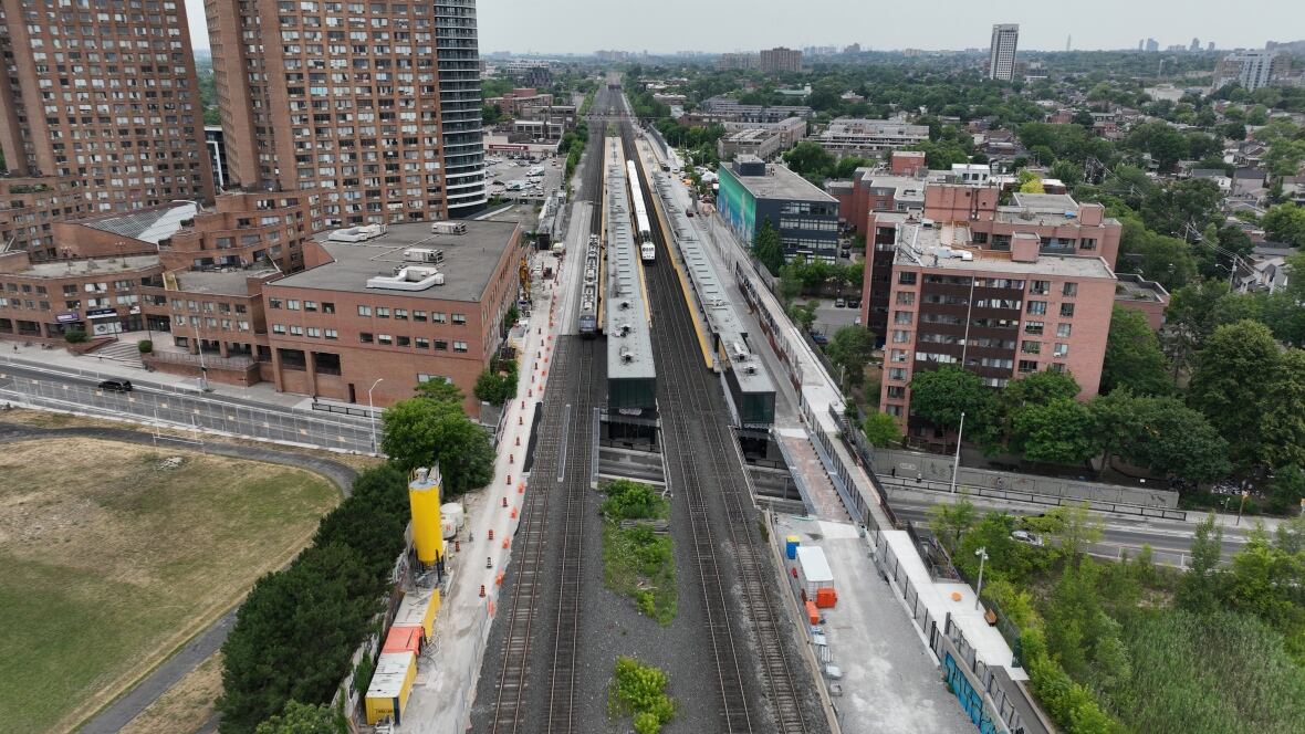 An aerial photo of Bloor GO near Dundas Street West and Bloor.
