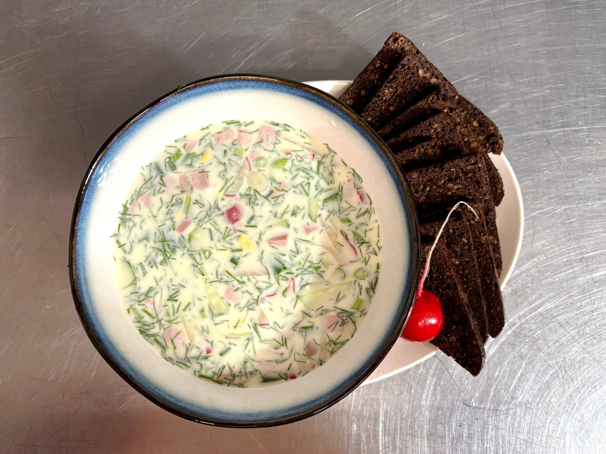 A bowl of cold soup called okroshka
