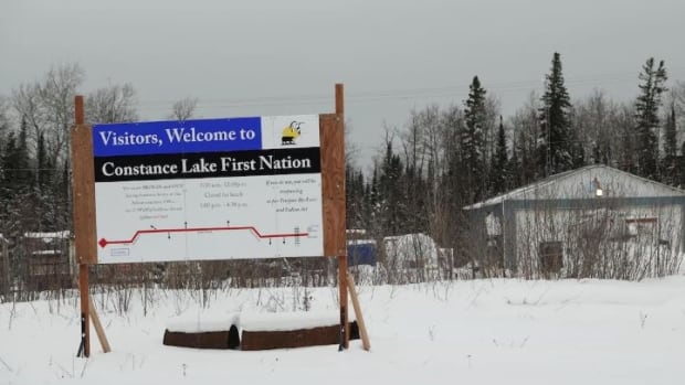 A sign that reads 'Visitors welcome to Constance Lake First Nation'