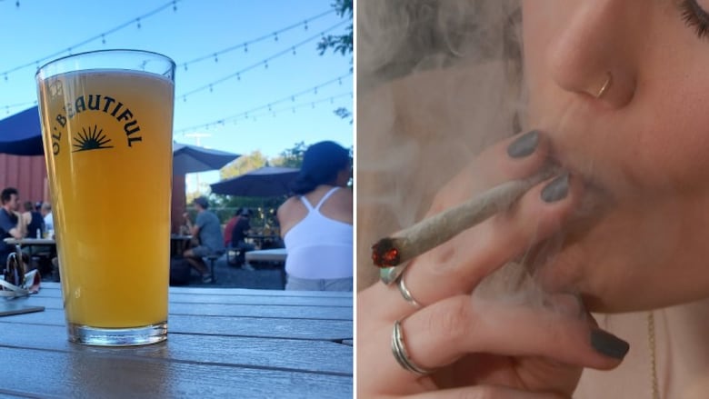 In these file photos, a pint of beer is seen on the patio of a Calgary brewery at left, and a woman is seen smoking a joint at right.