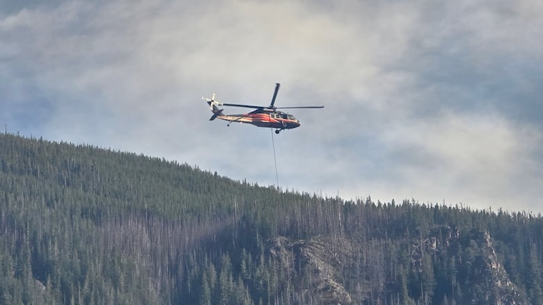 A helocopter flies above a forested hillside.