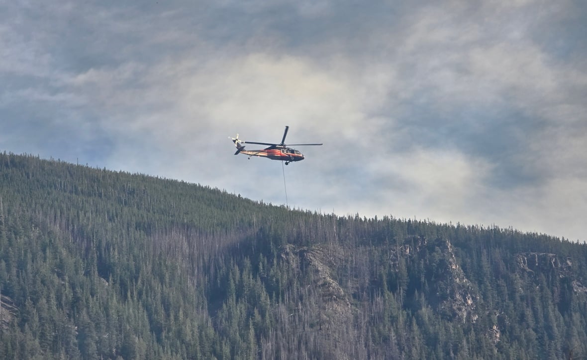 A helocopter flies above a forested hillside.