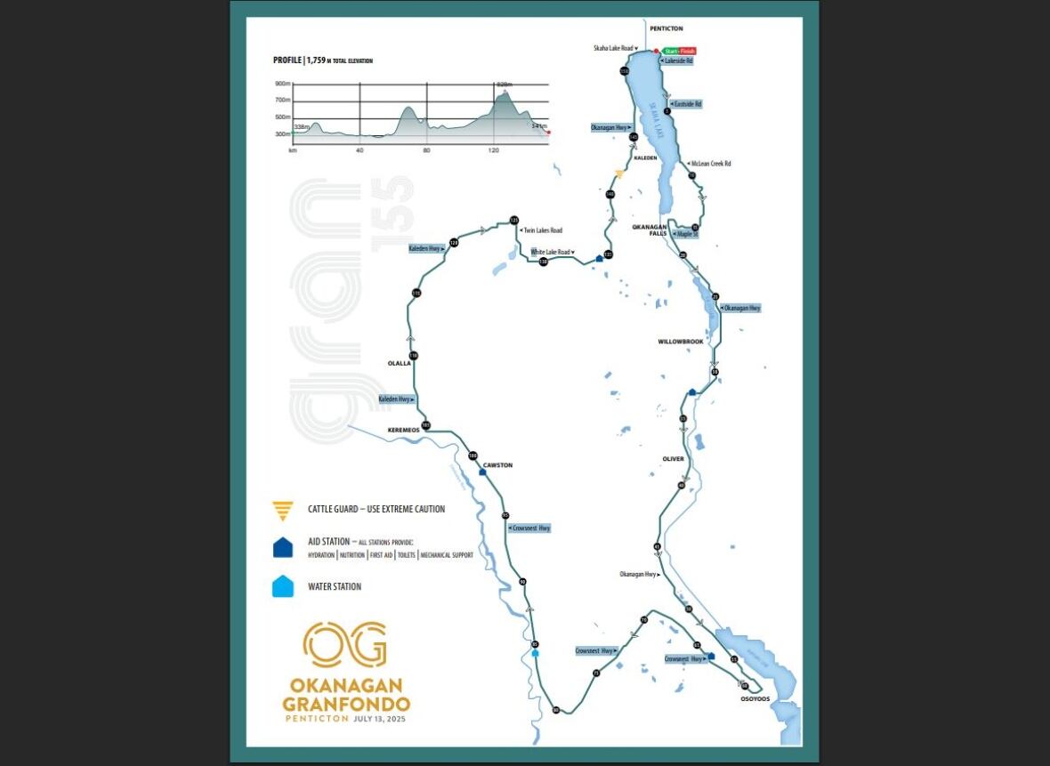 2025 Mapa del camino de Granfondo Oganagan, que incluye una carretera de lago White, una colisión con conductores de bicicletas y un vehículo el domingo.