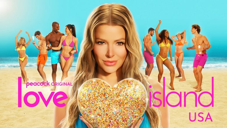 A promotional image for the reality TV series Love Island USA depicting men and women  in swimsuits dancing on a beach in the background. In the foreground, a woman with long, blonde hair holds a sparkly heart in her hands. 