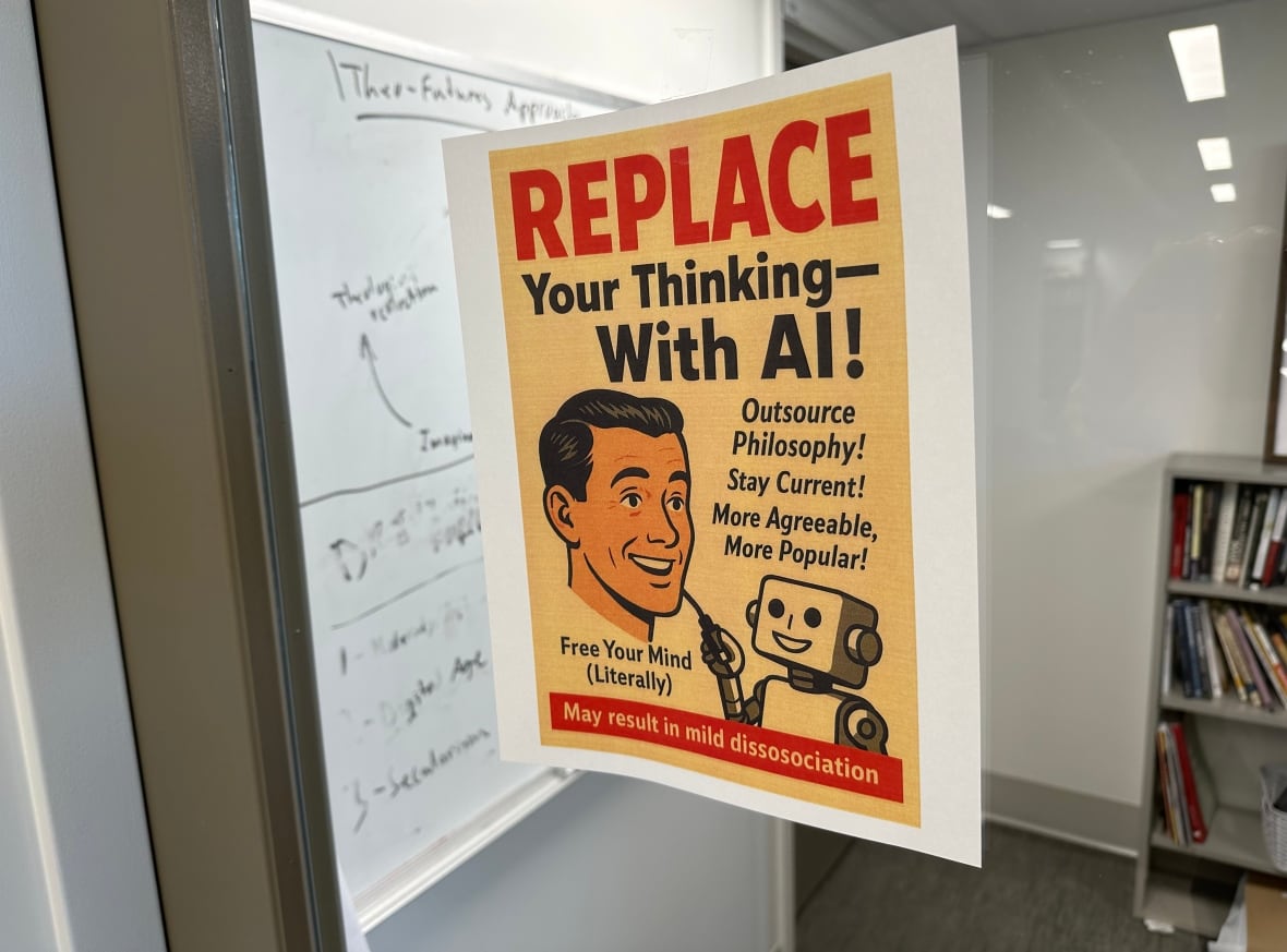 A poster that says 'Replace your thinking -- with AI' is shown on a glass door.