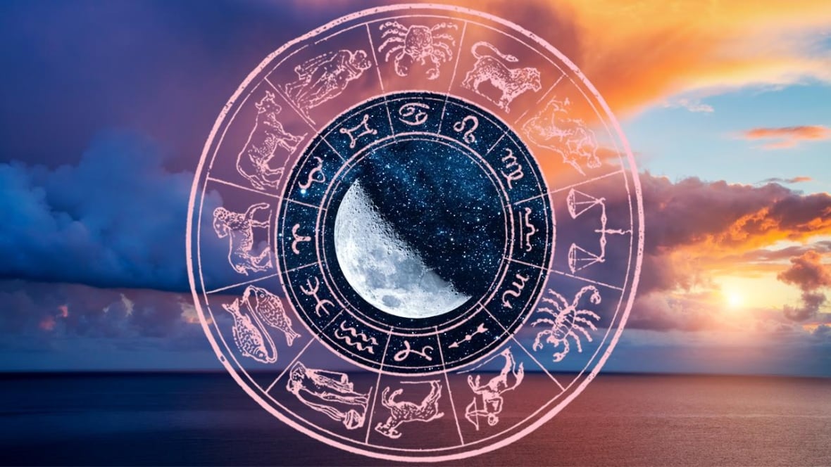 Collage of a colourful sunset over the ocean. An illustrated wheel of zodiac signs with a last quarter moon in it is centred in the image. 