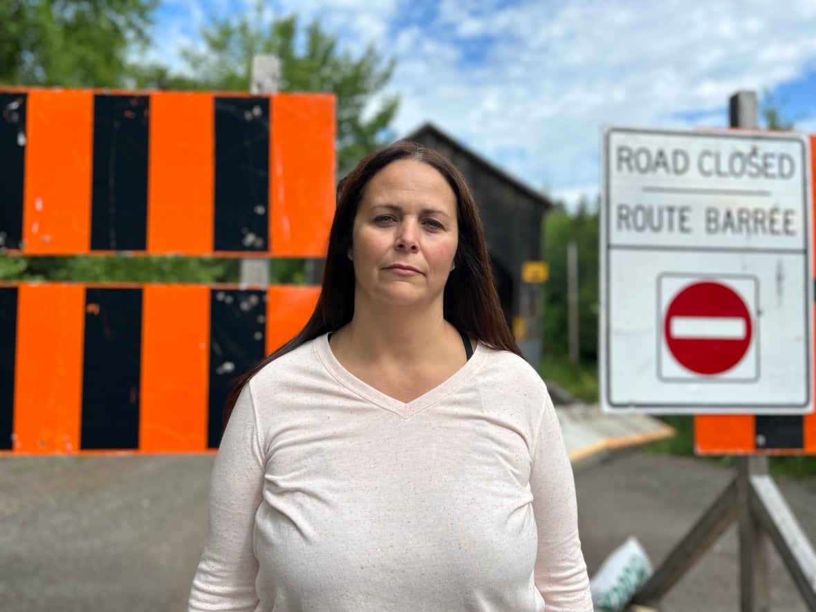 A white lady with dark brown hair. She is standing in front of a closed covered bridge.