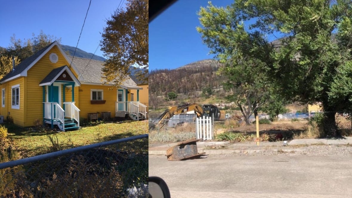 A composite image shows a yellow home on the left and an empty burnt lot on the right.