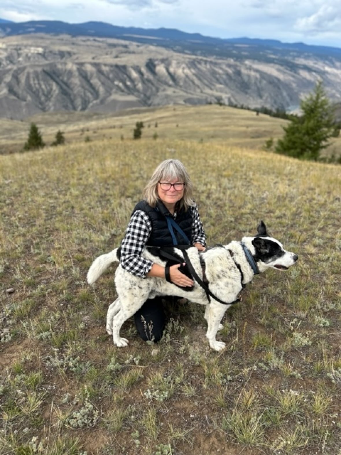 A woman is pictured sitting on a dry, grassy hill with a white and black dog.