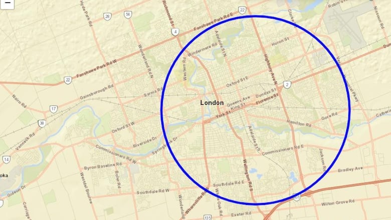 A map of where a cluster of legionnaires' disease cases in London, Ont., are located, according to the Middlesex London Health Unit. It's a map of London with a blue circle around most of the city's north, south, and east.