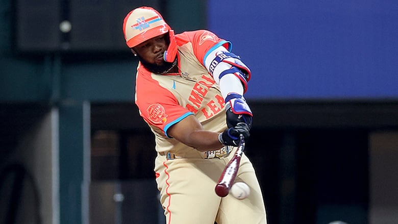 First baseman Vladimir Guerrero Jr., of the Toronto Blue Jays, bats in the second inning for the American League against the National League during the 94th MLB All-Star Game at Globe Life Field on July 16, 2024 in Arlington, Texas. 