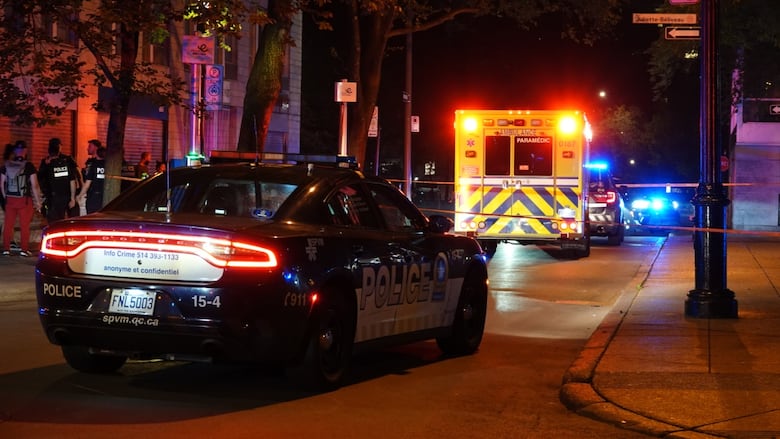 Crime scene. Police car and ambulance