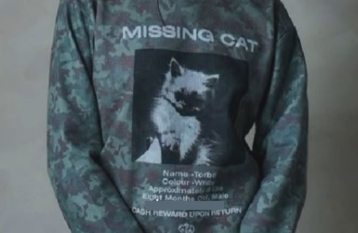 A green camo long-sleeved shirt with a missing cat poster on it.