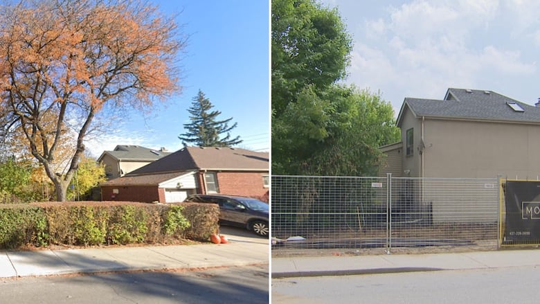 A before and after picture showing the honey locust that once grew in the backyard of 712 Eglinton Ave. E. The lot is now being developed into a fourplex and the developers have just applied to the city to instal a parking pad where the tree used to be.
