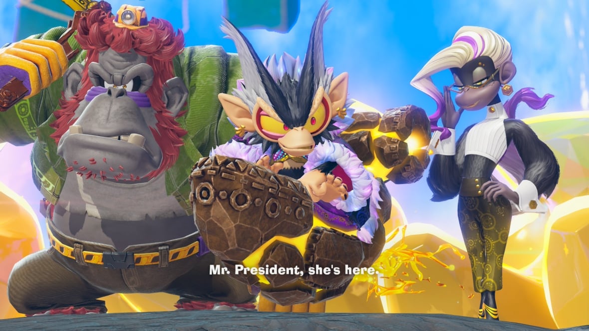 video game screenshot of three cartoon monkey characters: a big guy, a little guy, and a stylish female character.