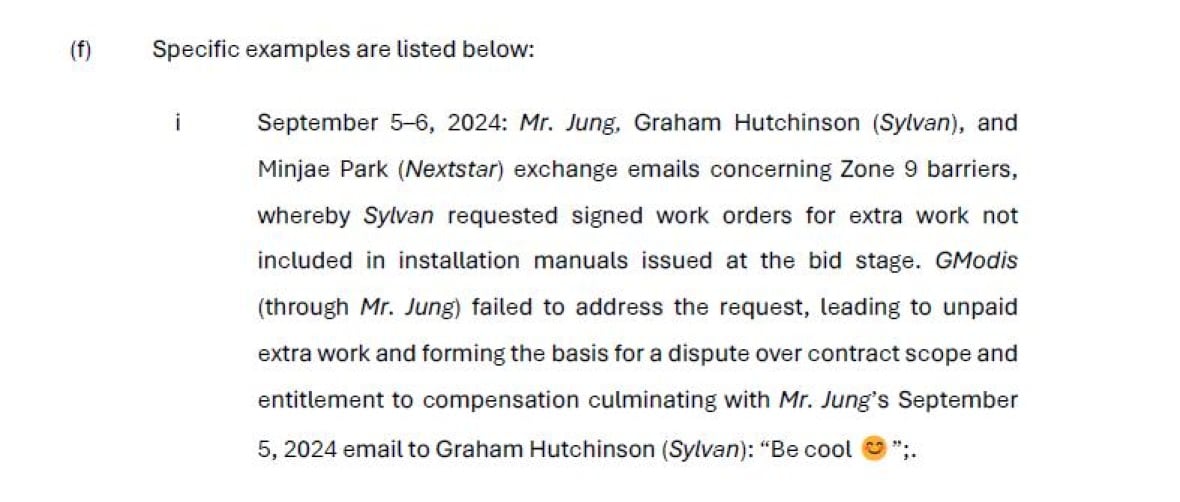 A section of Sylvan Canada's statement of claim against GModis and John Jung. The section describes an alleged exchange over extra work Sylvan says went unpaid, with Jung saying: "Be cool 😊"