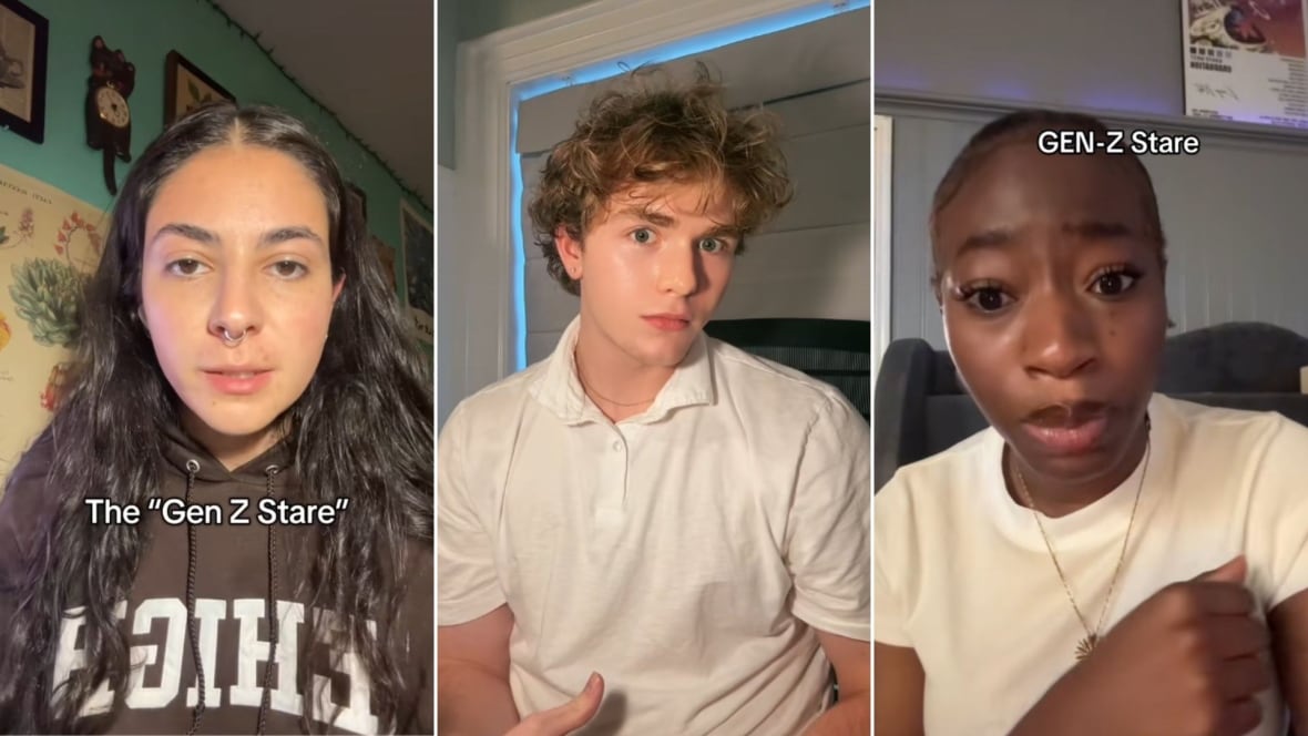 Screen grabs of three young people staring
