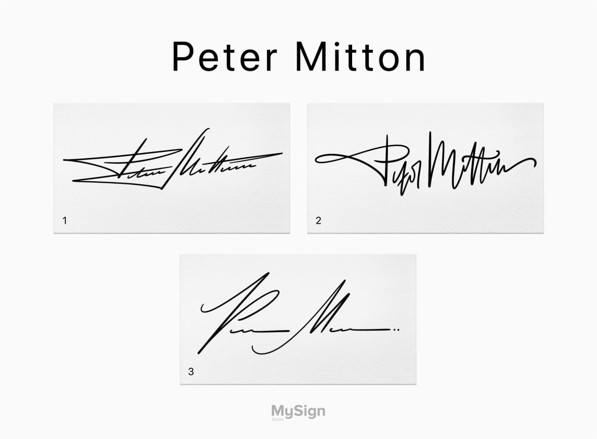 The name Peter Mitton at top, with three versions of that same name written in different styles of calligraphy.