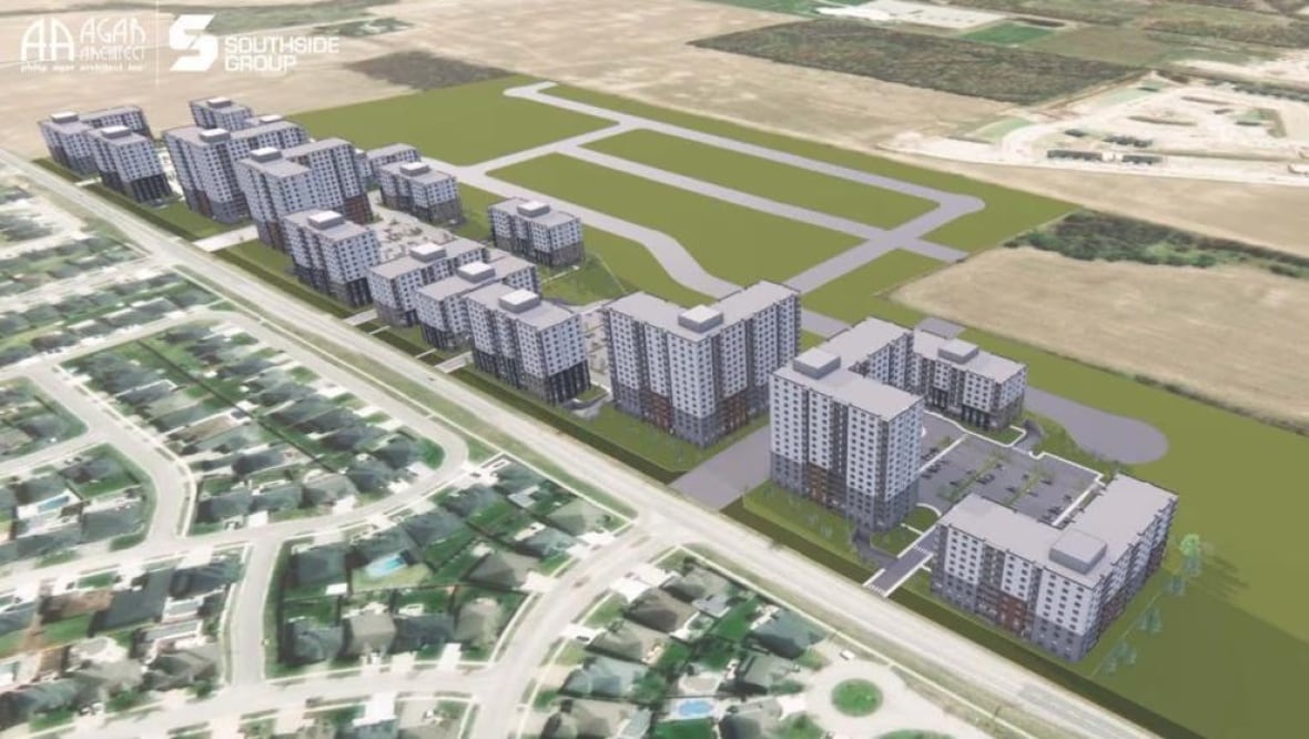 Uma representação artística de como seria uma futura zona de alta densidade ao longo da Pack Road. Os prédios em 3D estão no lado sul da rua, enquanto imagens de satélite no lado norte mostram casas pré-existentes.