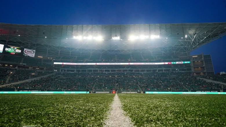 A haze of wildfire smoke hangs over Mosaic Stadium in Regina, Sask.