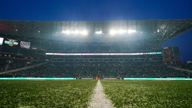 A haze of wildfire smoke hangs over Mosaic Stadium in Regina, Sask.