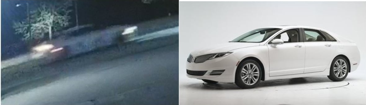 A side-by-side surveillance video image and a stock photo show a white sedan.