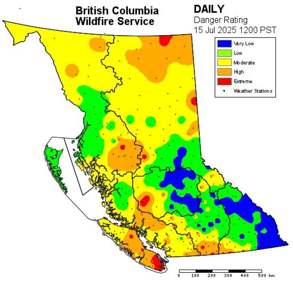 A heat map of B.C., with blue areas indicating low fire danger and red areas indicating very high fire danger. The southern tip of Vancouver Island is red.