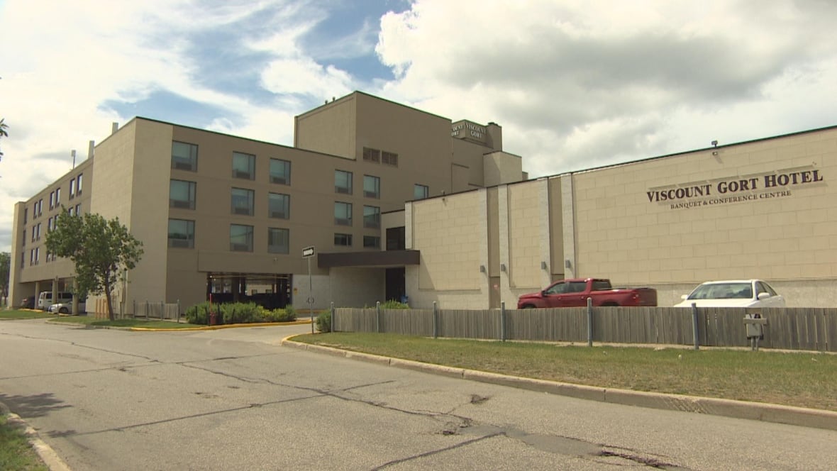 A beige building is seen with 'Viscount Gort Hotel' writing on the side.