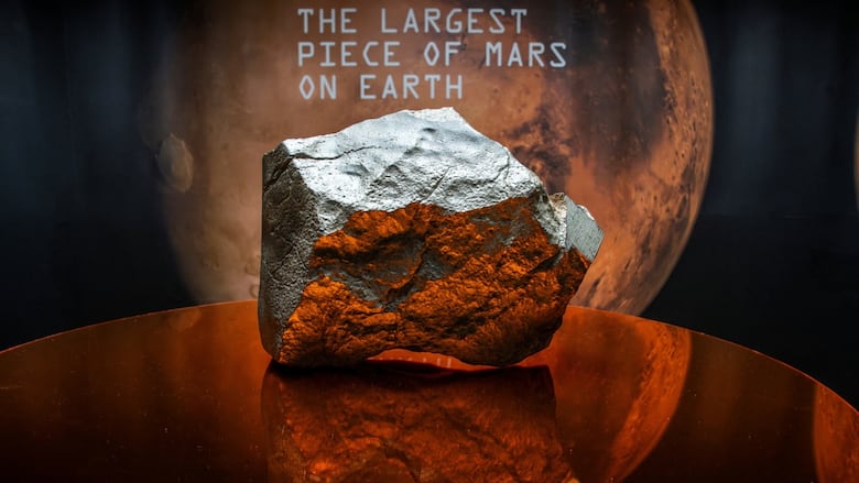 A large rock sits on a stand in front of a display that reads, "The largest piece of Mars on Earth."