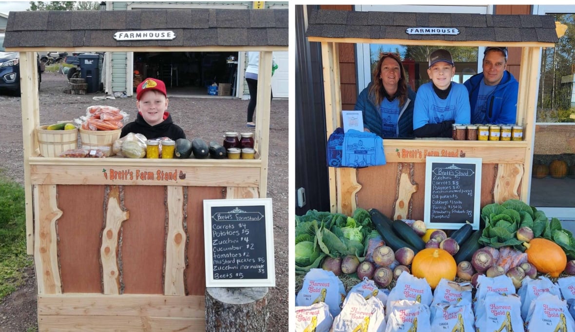 Two pictures are features of a small wooden vegetable stand. The photo on the left features a young boy with a hoodie and the picture on the right features the same boy, this time a couple years older, posing in the same stand with a man and a woman.